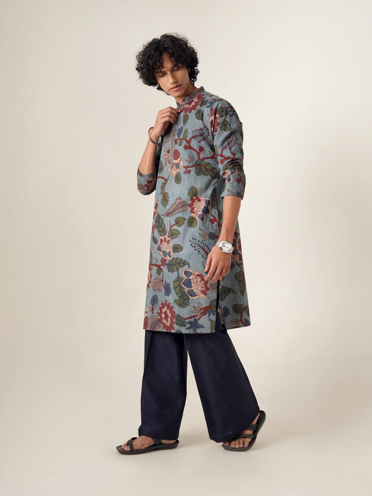 Mens Blue Cotton Print Kurta