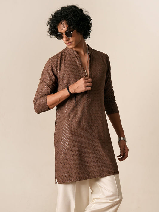 Mens Brown Blended Embroidery Mid Kurta