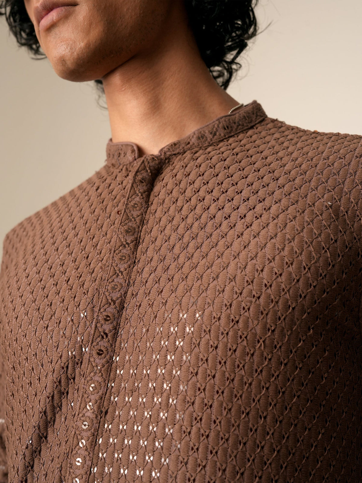 Mens Brown Blended Embroidery Mid Kurta
