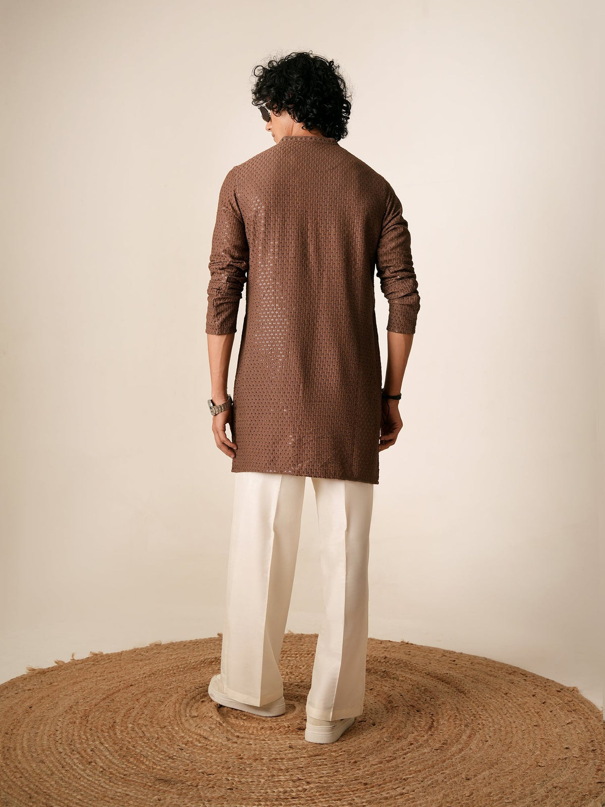 Mens Brown Blended Embroidery Mid Kurta