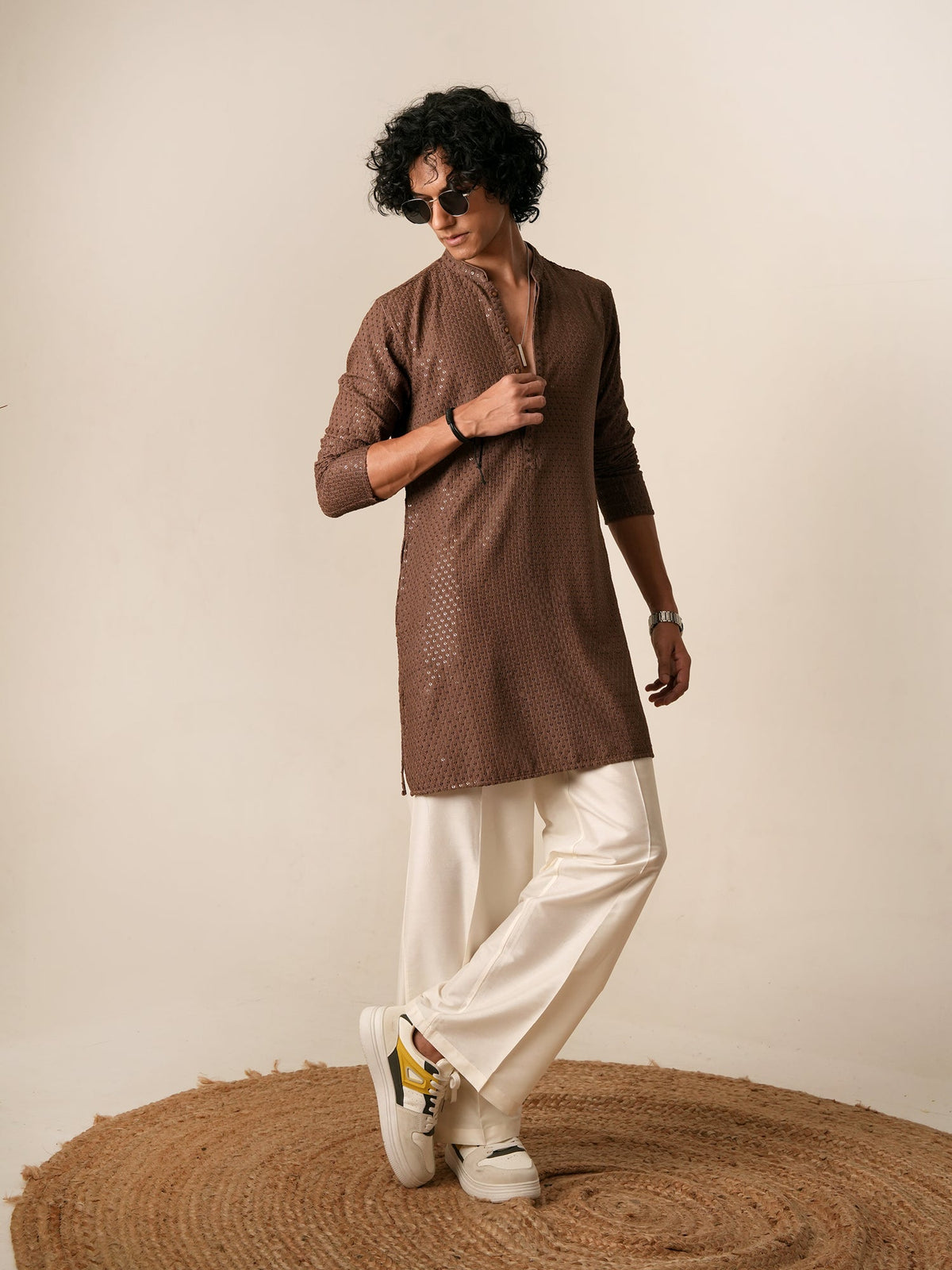 Mens Brown Blended Embroidery Mid Kurta