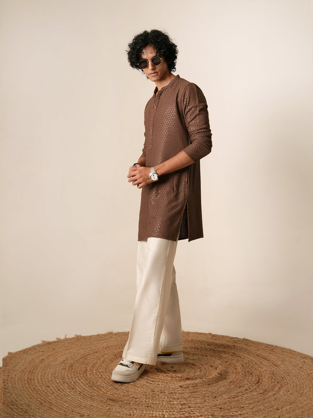 Mens Brown Blended Embroidery Mid Kurta