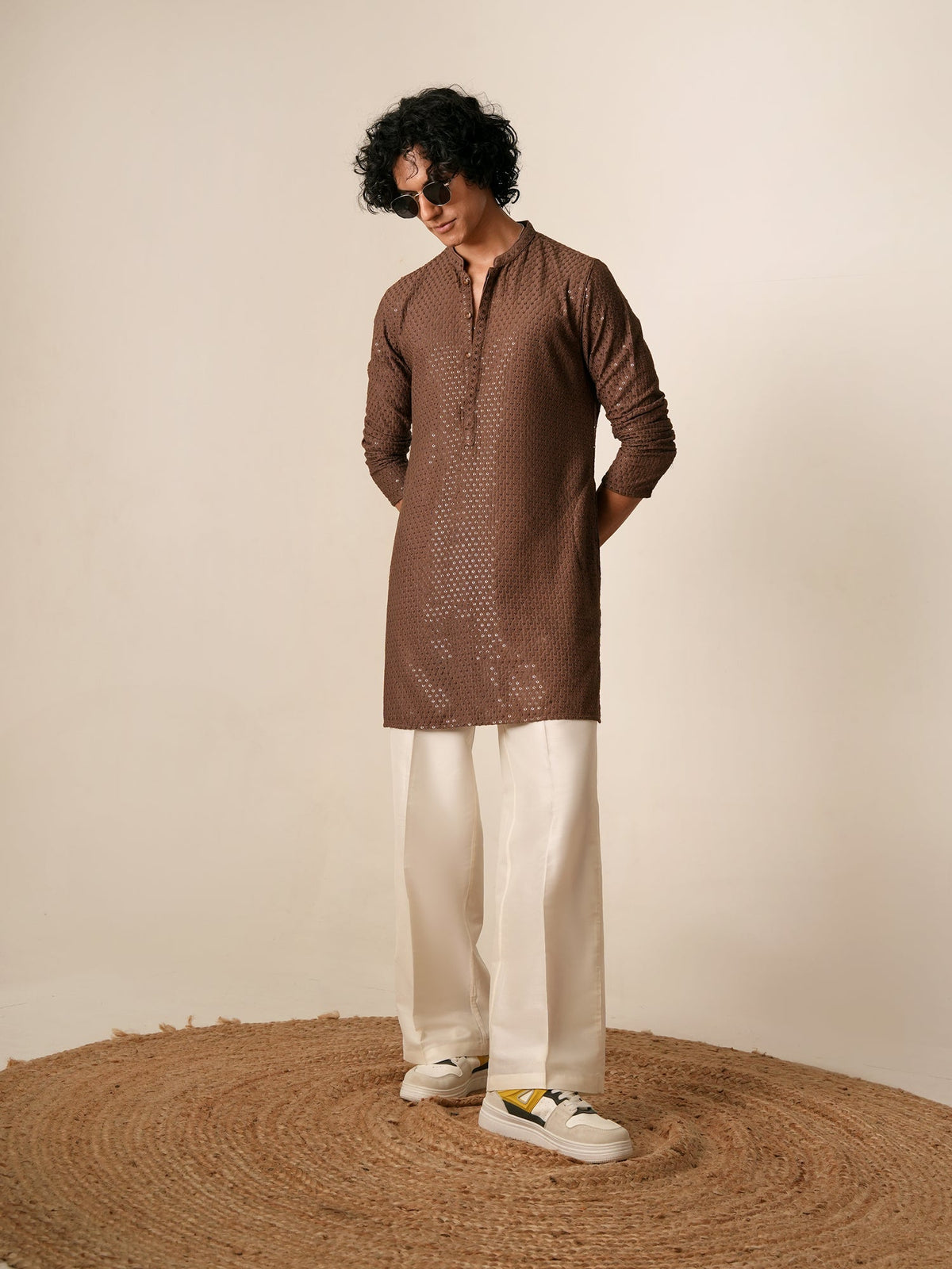 Mens Brown Blended Embroidery Mid Kurta