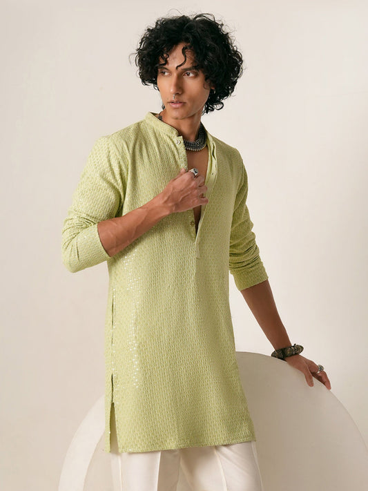Mens Green Blended Embroidery Mid Kurta