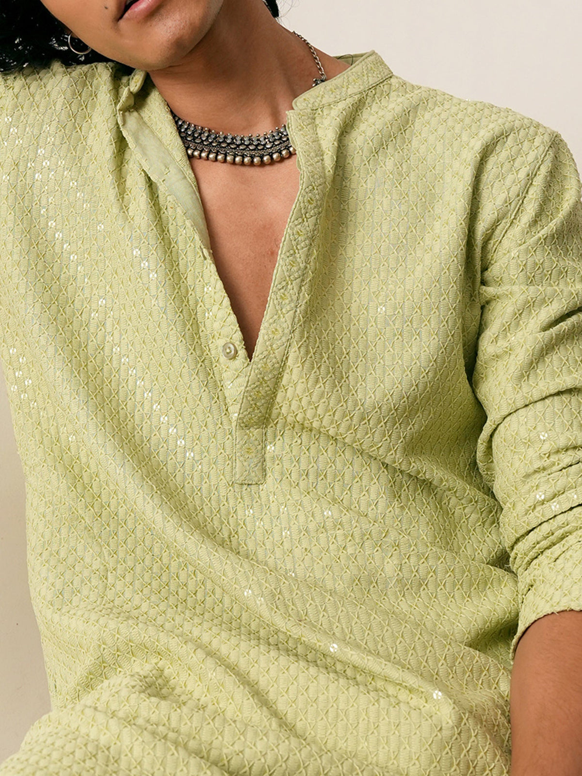 Mens Green Blended Embroidery Mid Kurta