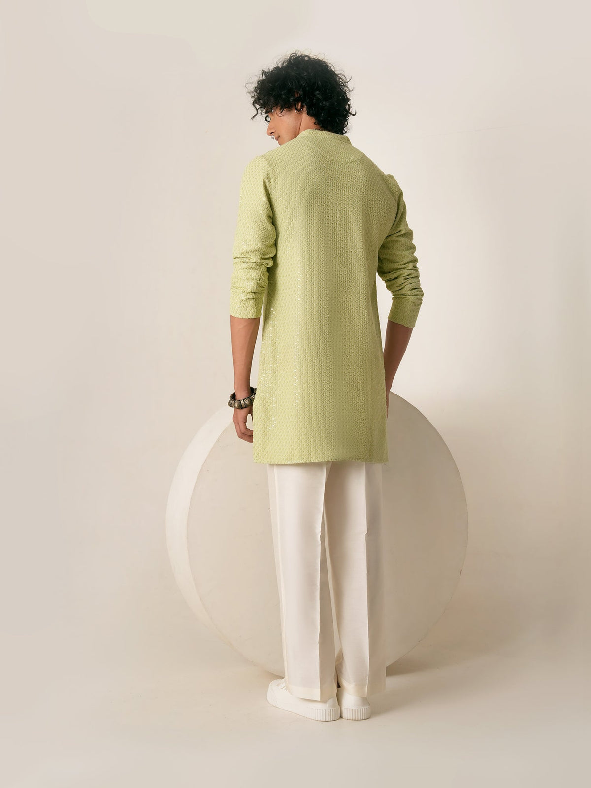 Mens Green Blended Embroidery Mid Kurta