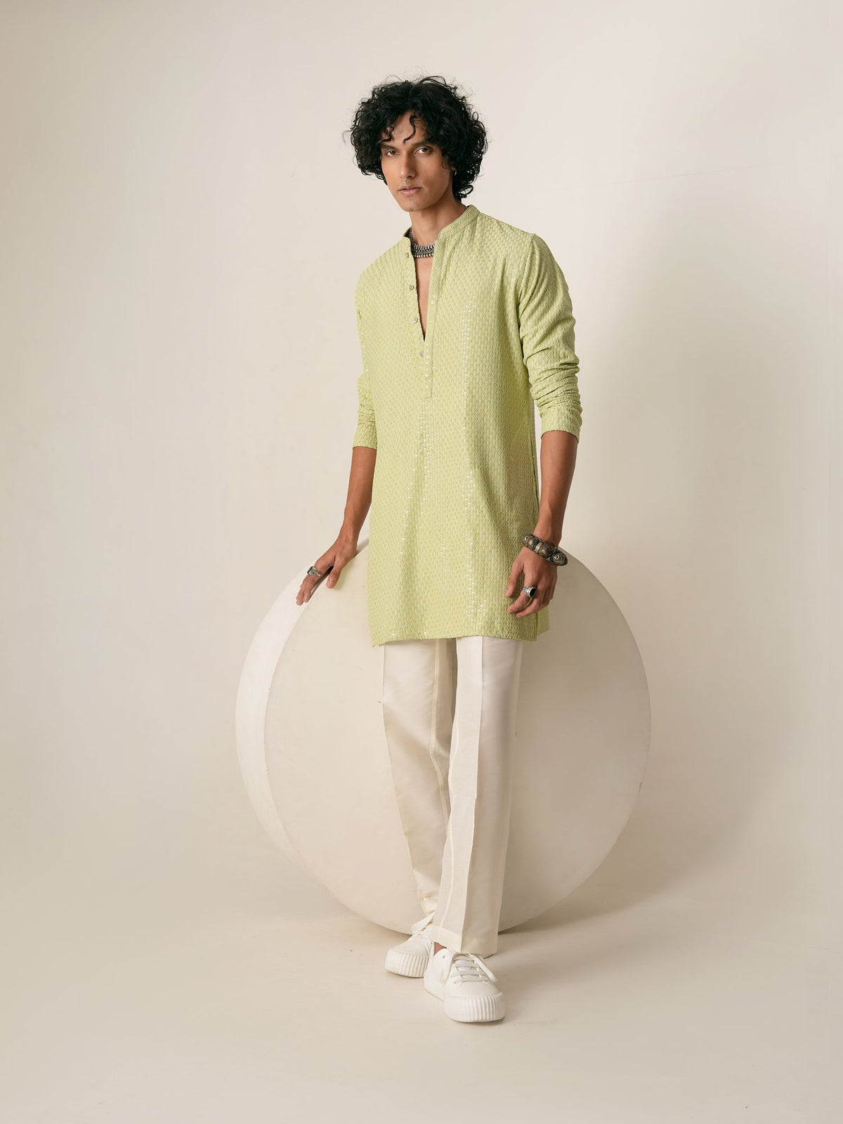 Mens Green Blended Embroidery Mid Kurta