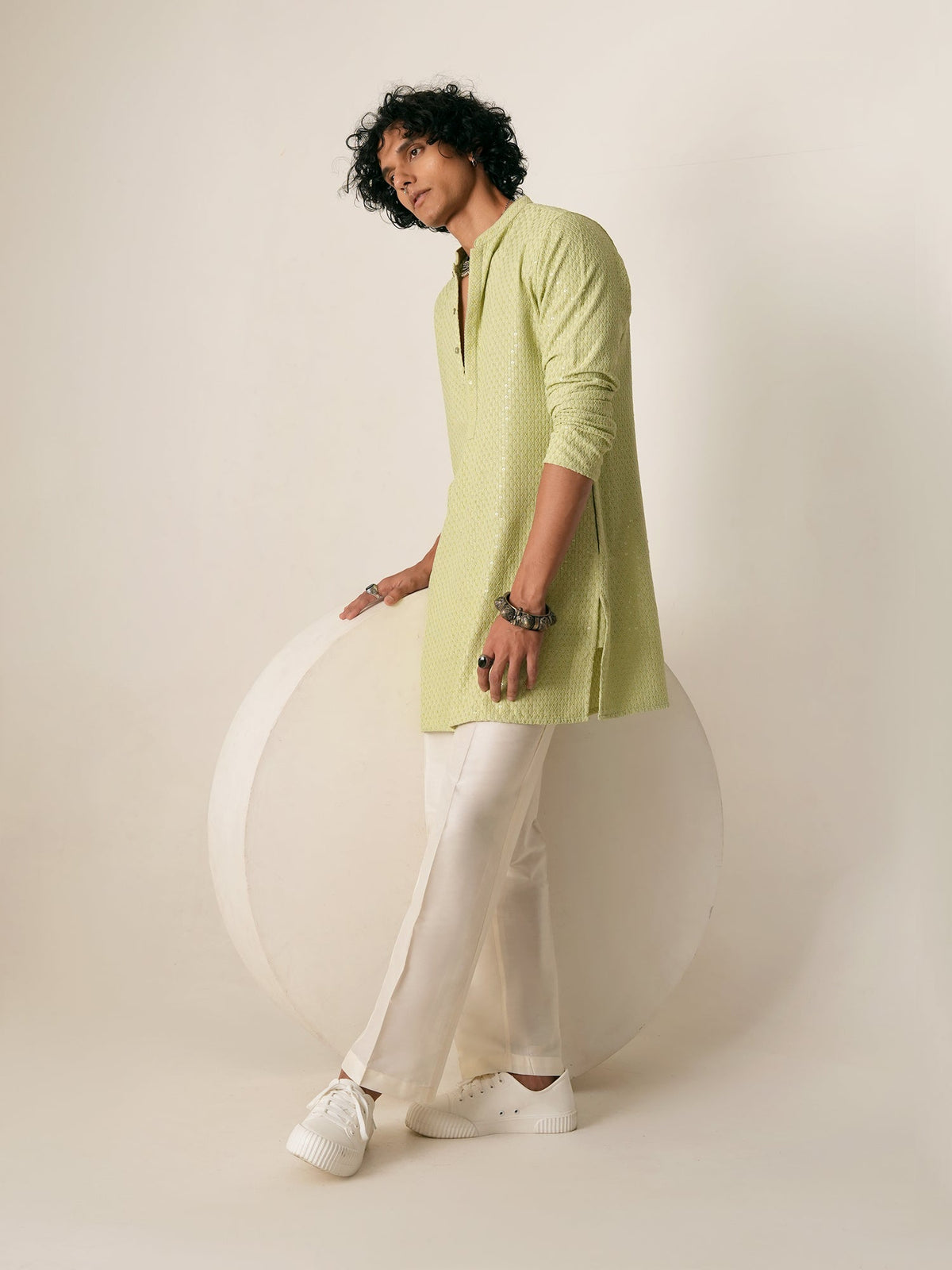 Mens Green Blended Embroidery Mid Kurta