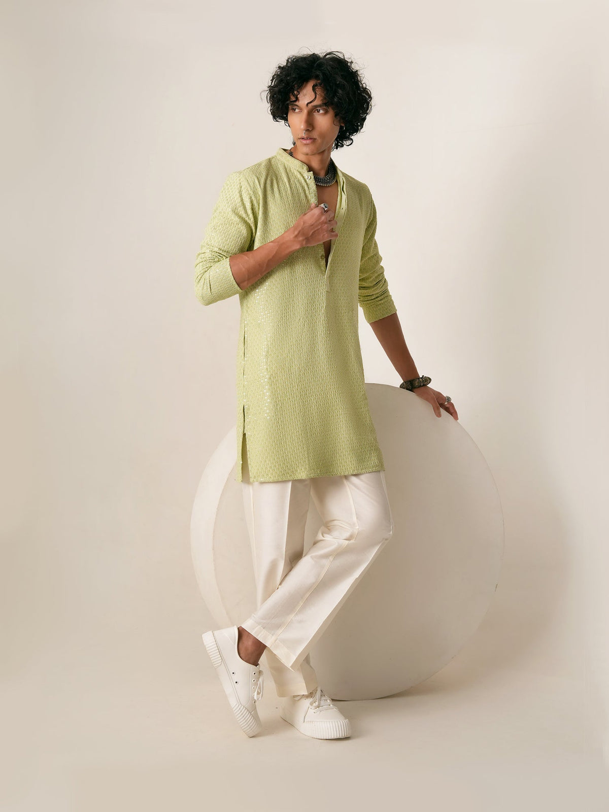Mens Green Blended Embroidery Mid Kurta