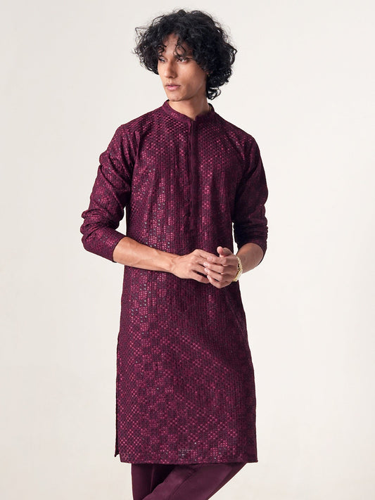 Mens Wine Blended Embroidery Kurta