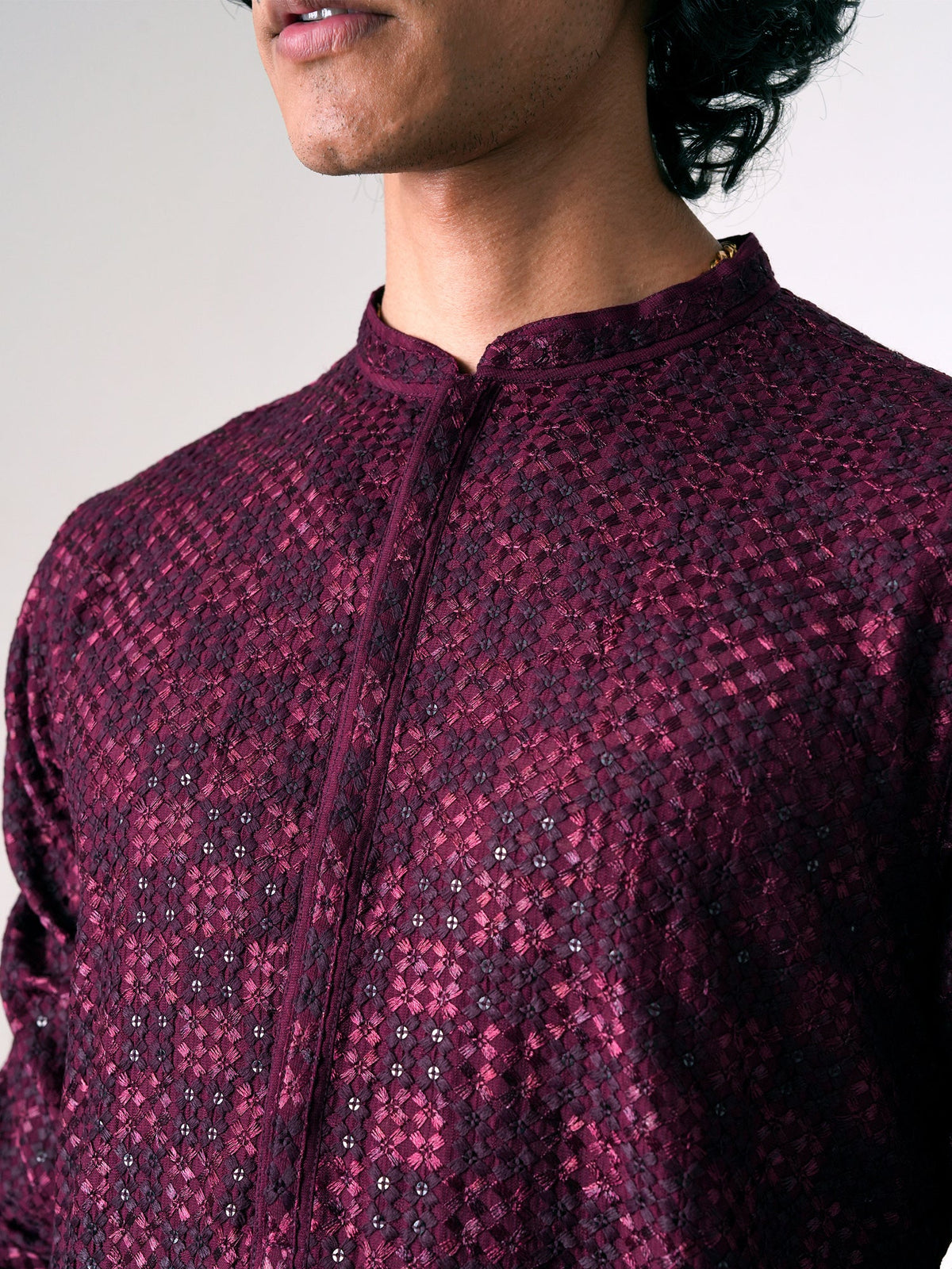 Mens Wine Blended Embroidery Kurta