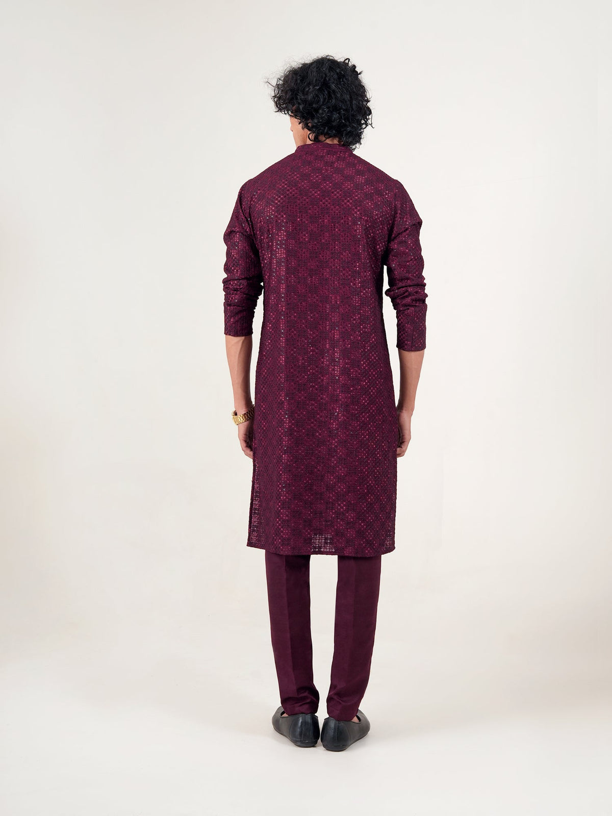 Mens Wine Blended Embroidery Kurta