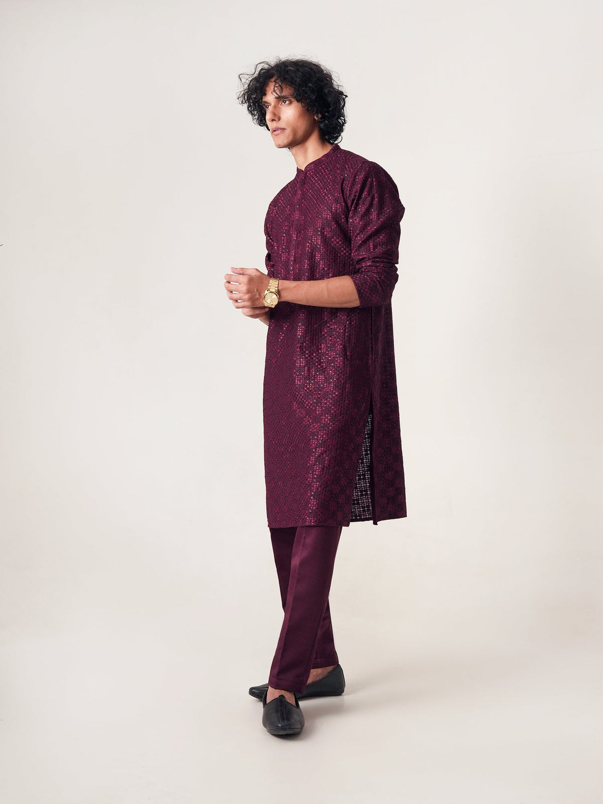 Mens Wine Blended Embroidery Kurta