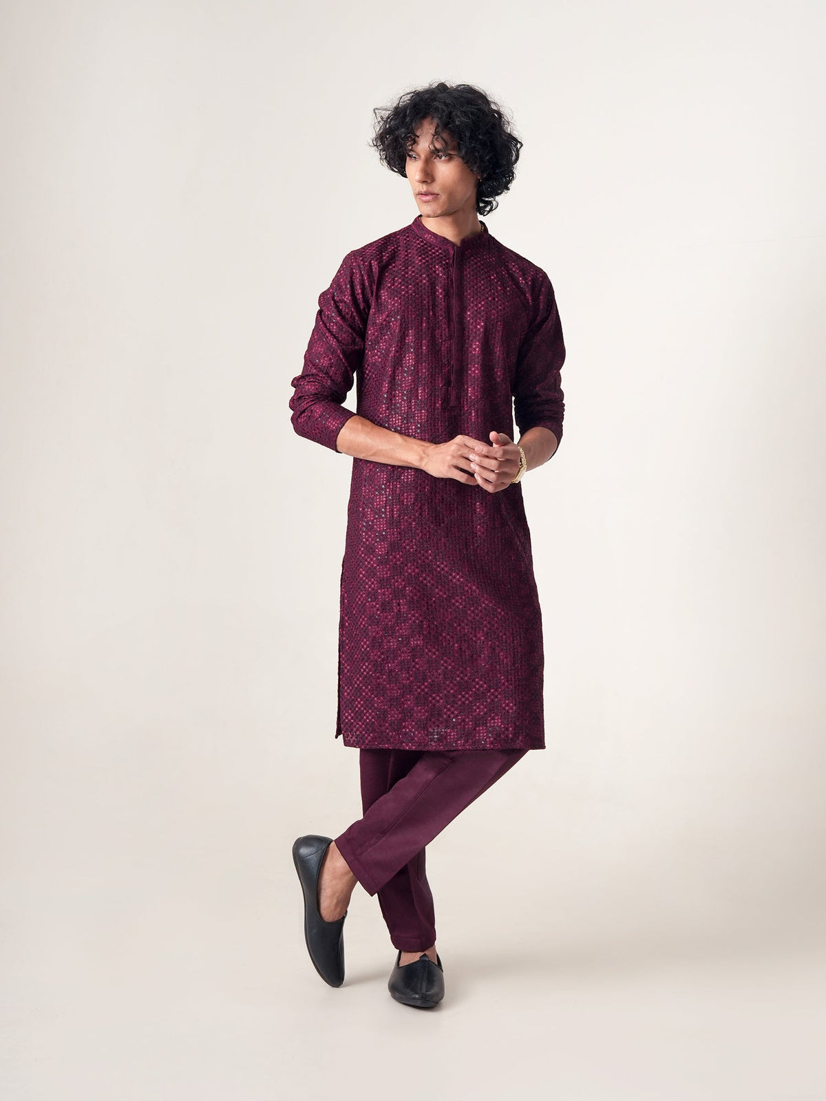 Mens Wine Blended Embroidery Kurta