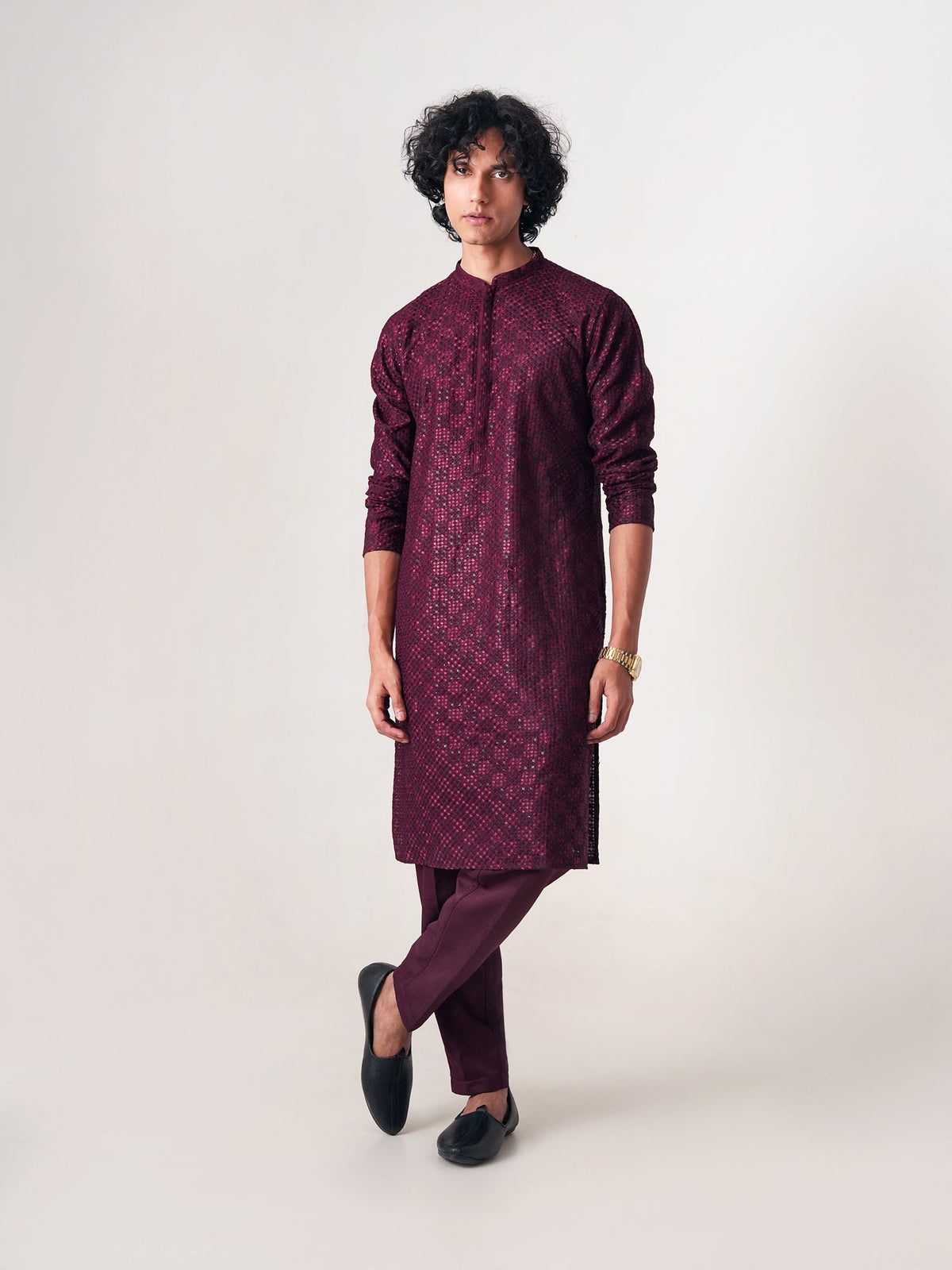 Mens Wine Blended Embroidery Kurta
