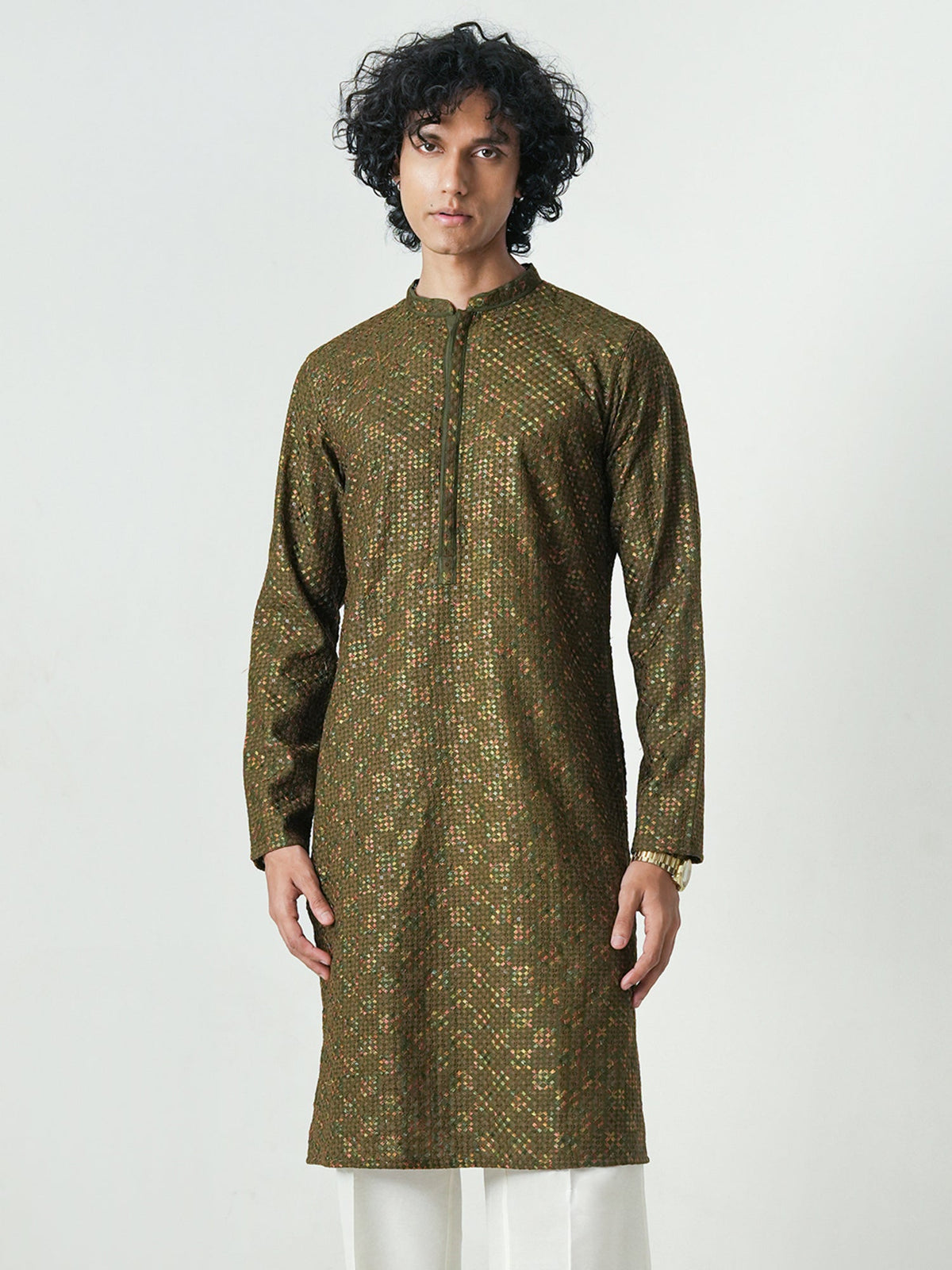 Mens Olive Green Blended Embroidery Kurta