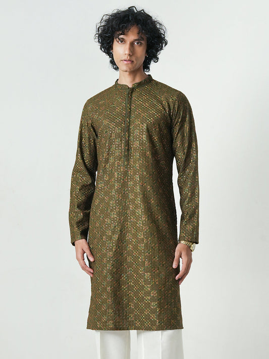 Mens Olive Green Blended Embroidery Kurta