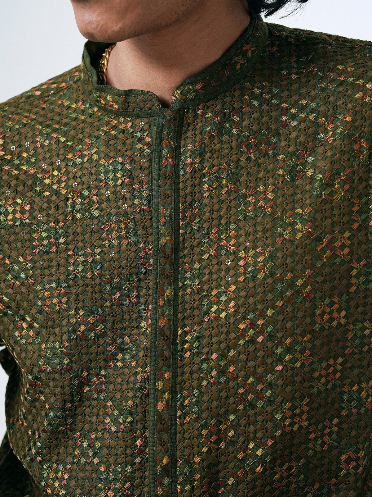 Mens Olive Green Blended Embroidery Kurta