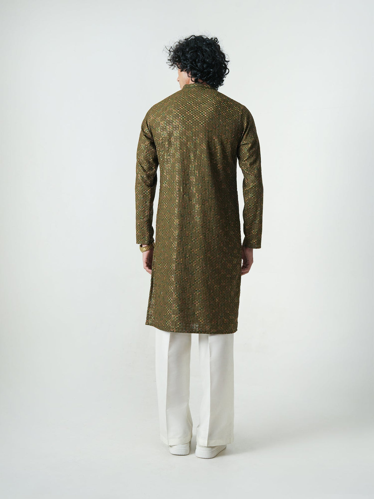 Mens Olive Green Blended Embroidery Kurta