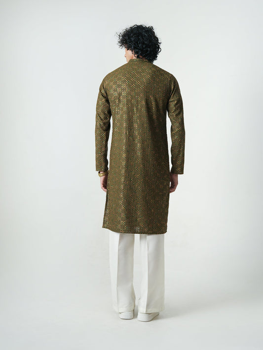 Mens Olive Green Blended Embroidery Kurta