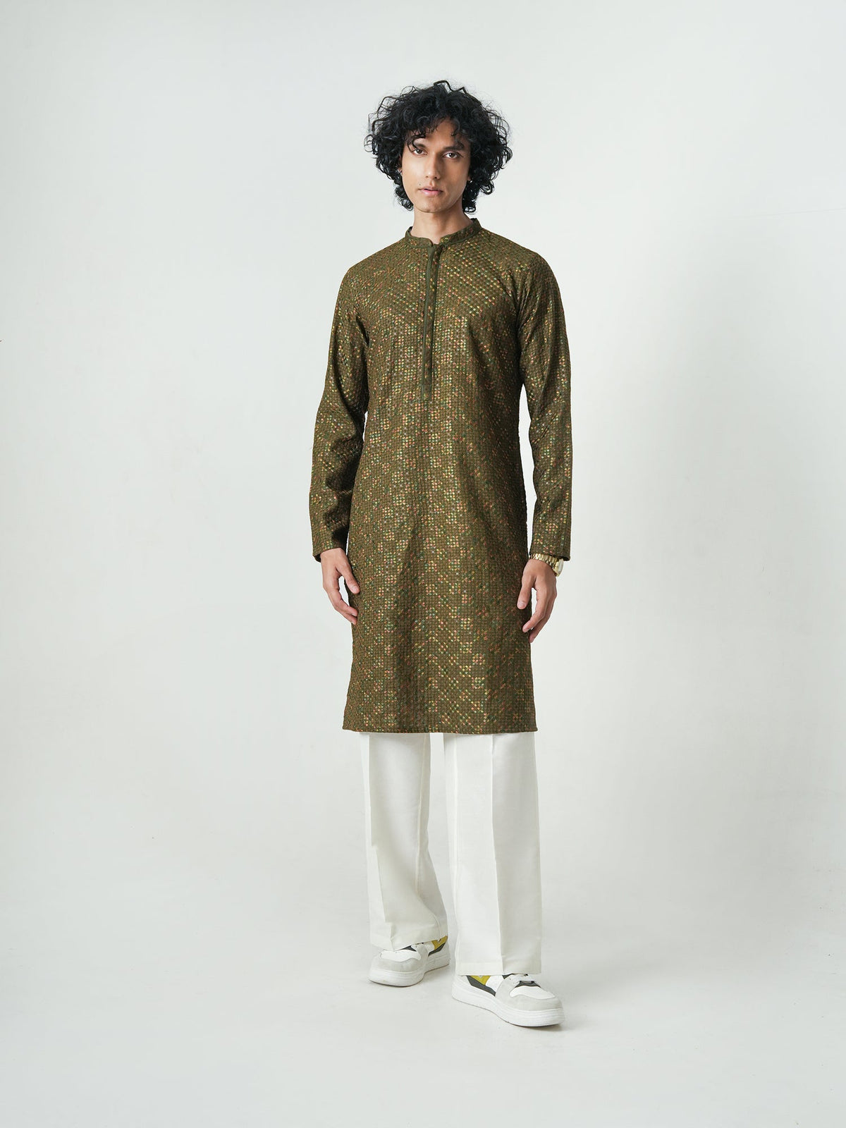 Mens Olive Green Blended Embroidery Kurta