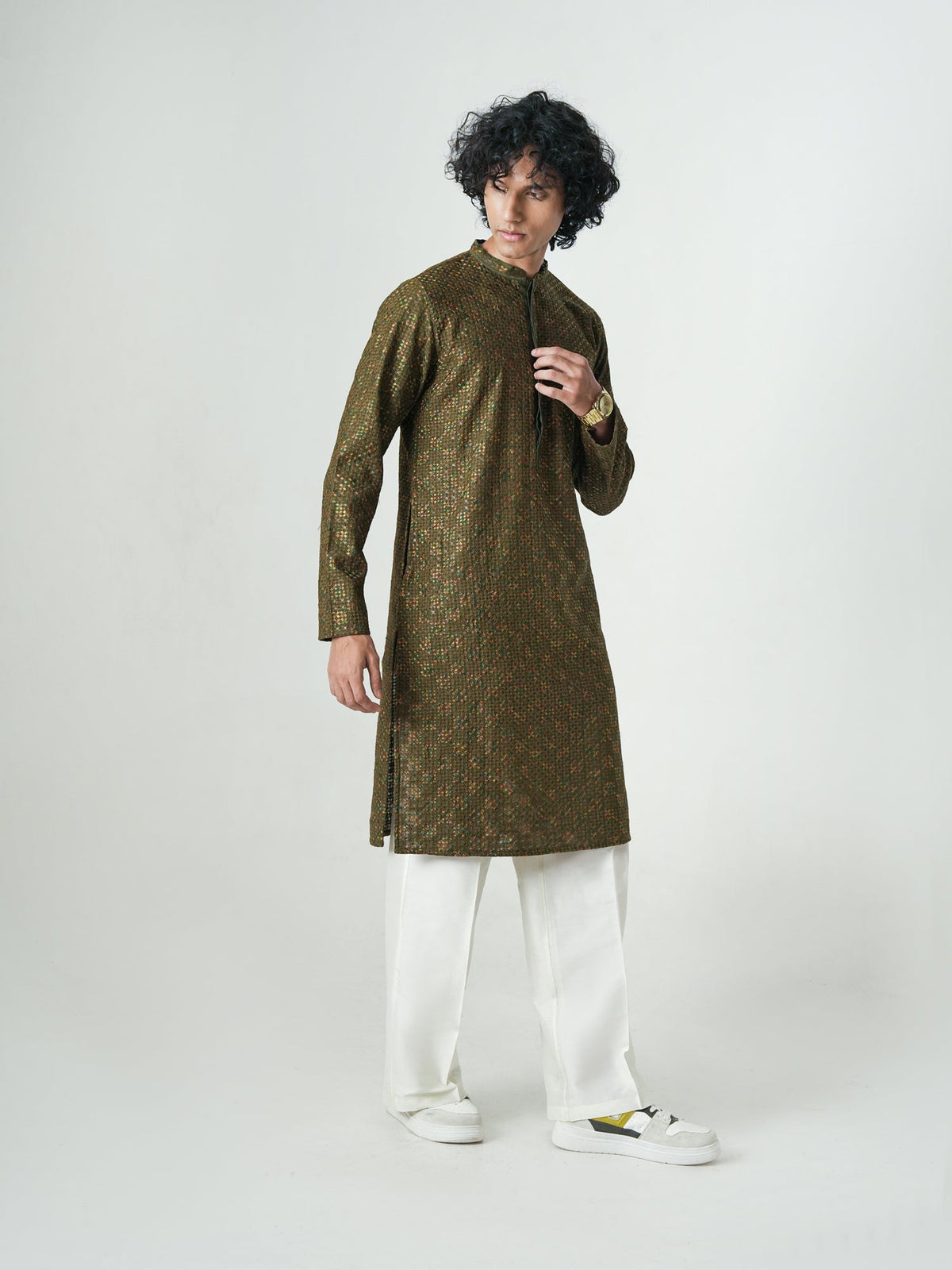 Mens Olive Green Blended Embroidery Kurta