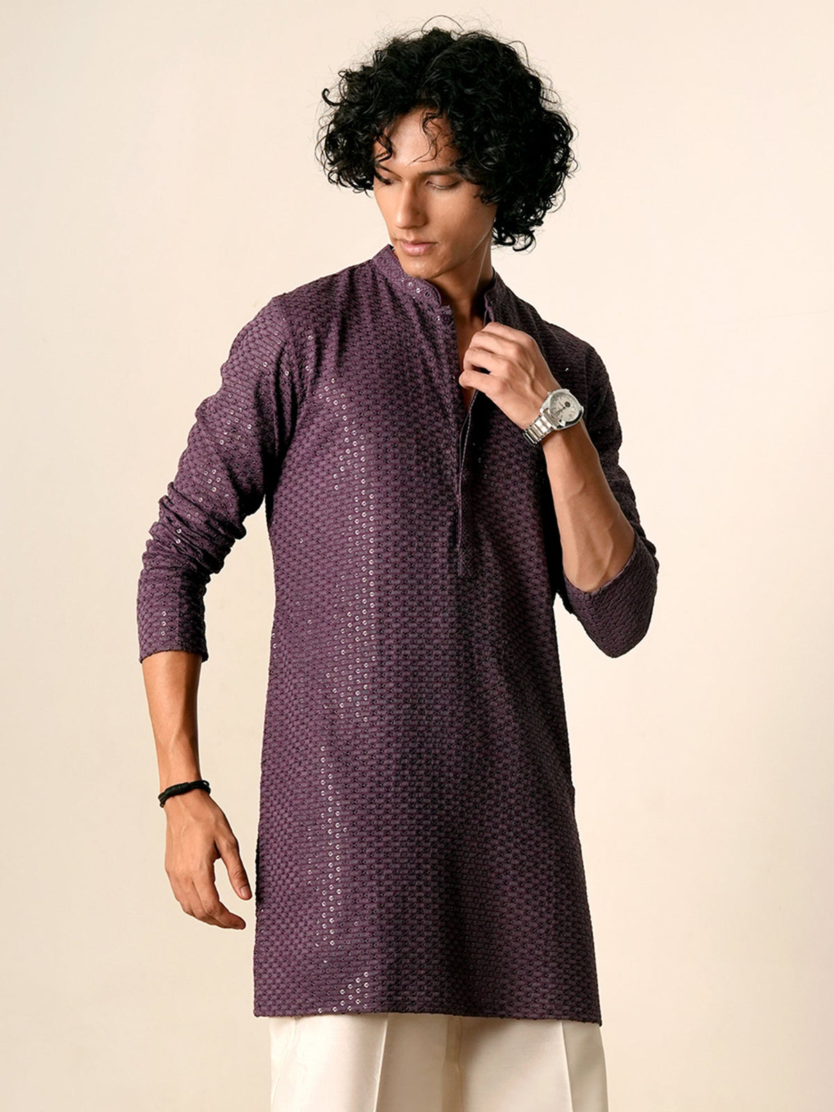 Mens Purple Blended Embroidery Mid Kurta