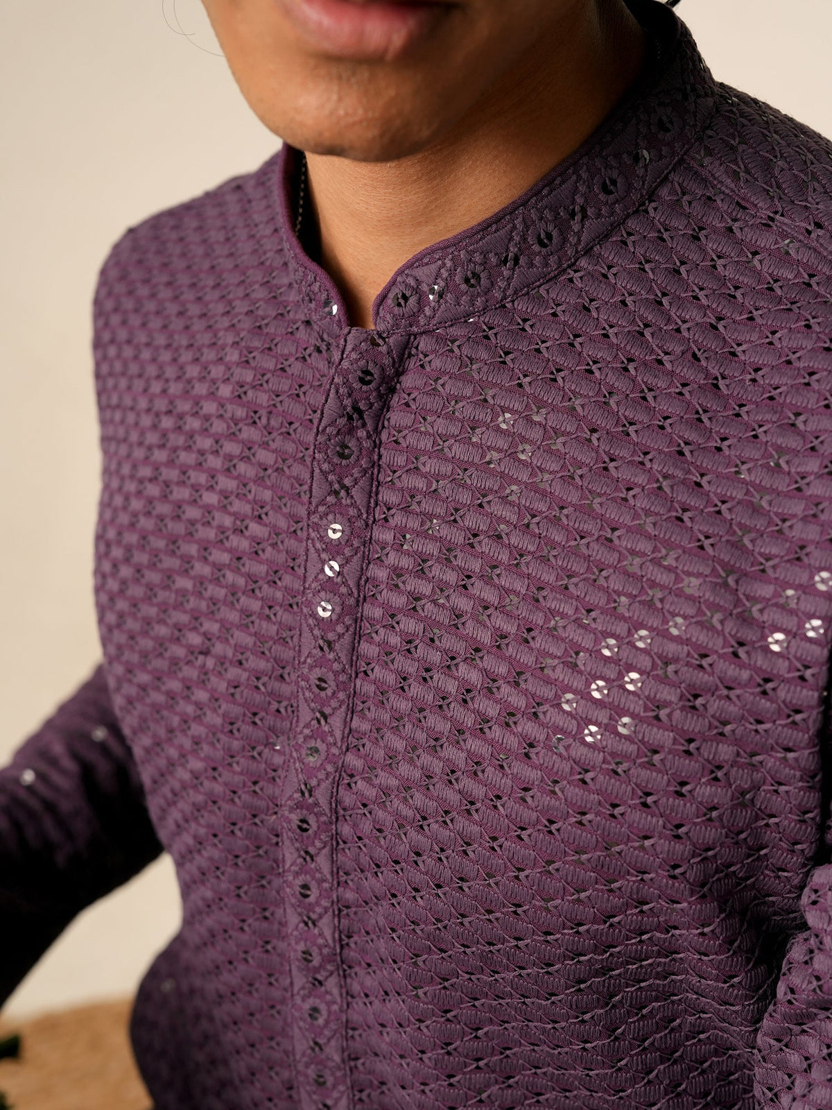 Mens Purple Blended Embroidery Mid Kurta