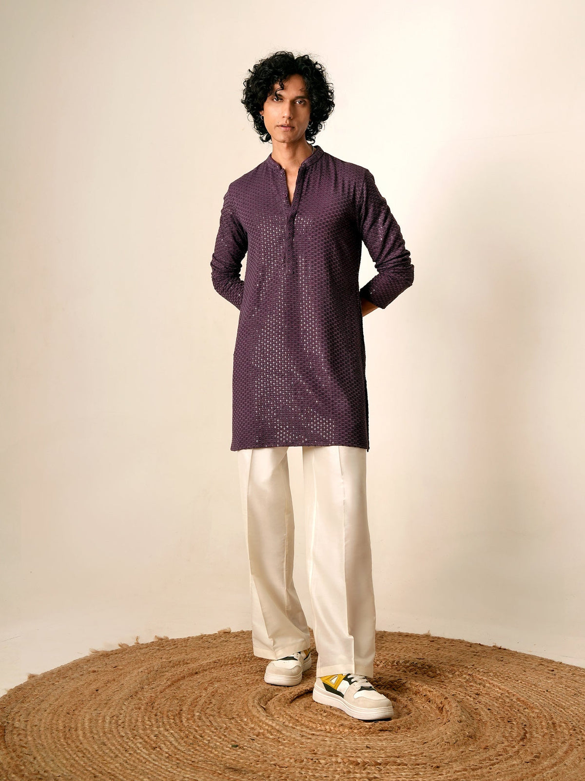 Mens Purple Blended Embroidery Mid Kurta