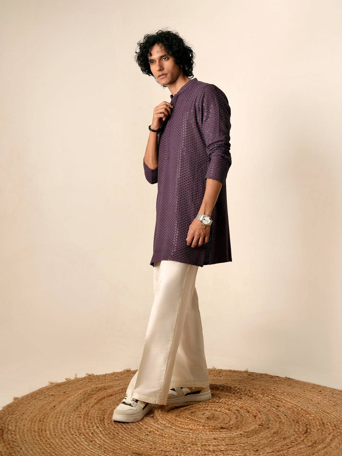 Mens Purple Blended Embroidery Mid Kurta