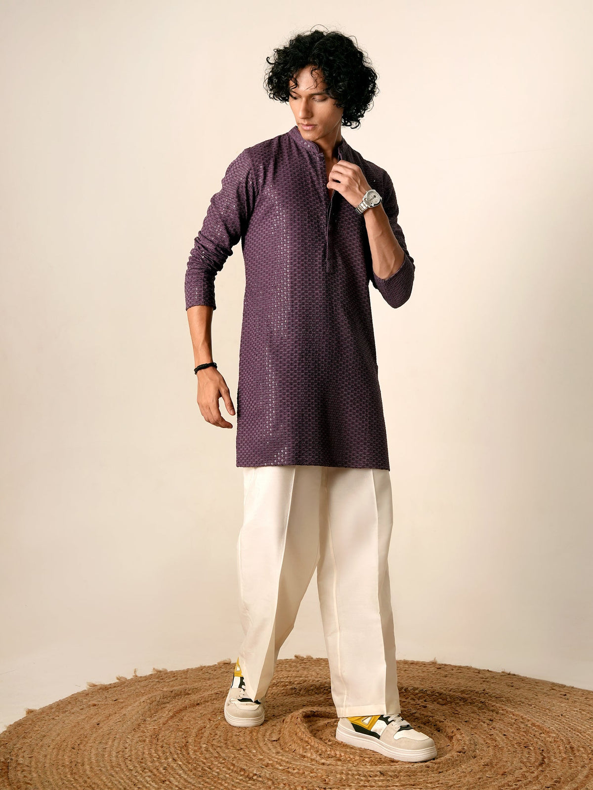 Mens Purple Blended Embroidery Mid Kurta