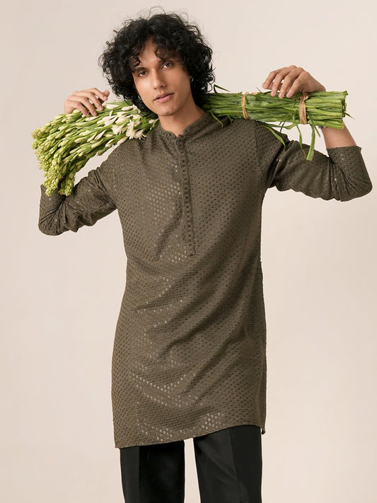 Mens Olive Green Blended Embroidery Mid Kurta