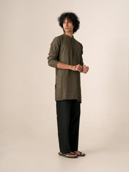 Mens Olive Green Blended Embroidery Mid Kurta
