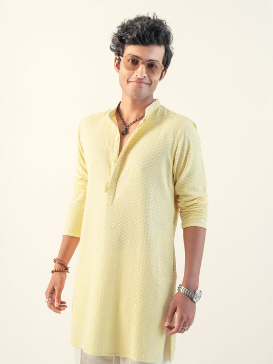 Mens Yellow Blended Embroidery Kurta