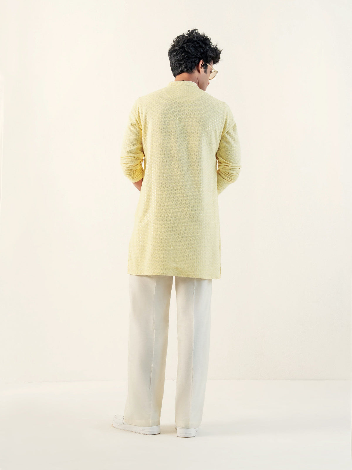 Mens Yellow Blended Embroidery Kurta