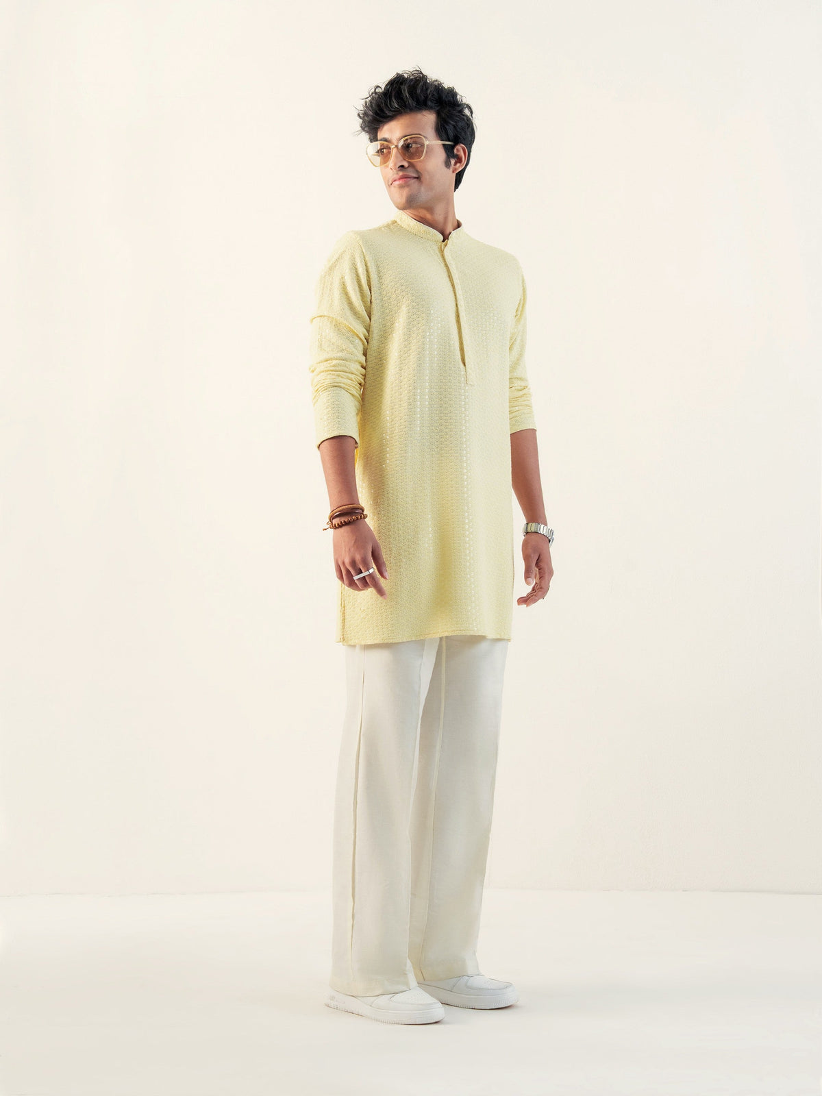 Mens Yellow Blended Embroidery Kurta