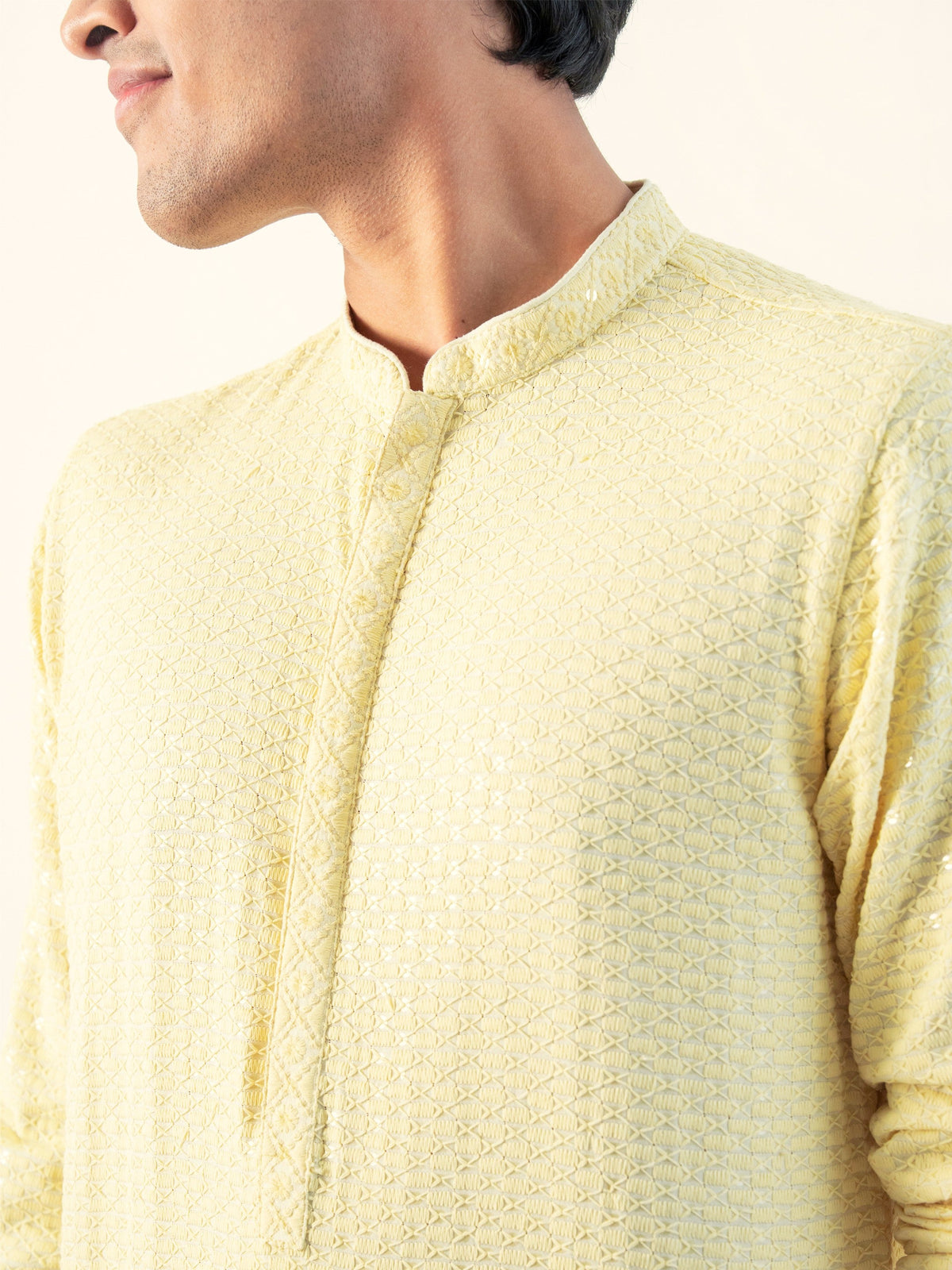 Mens Yellow Blended Embroidery Kurta