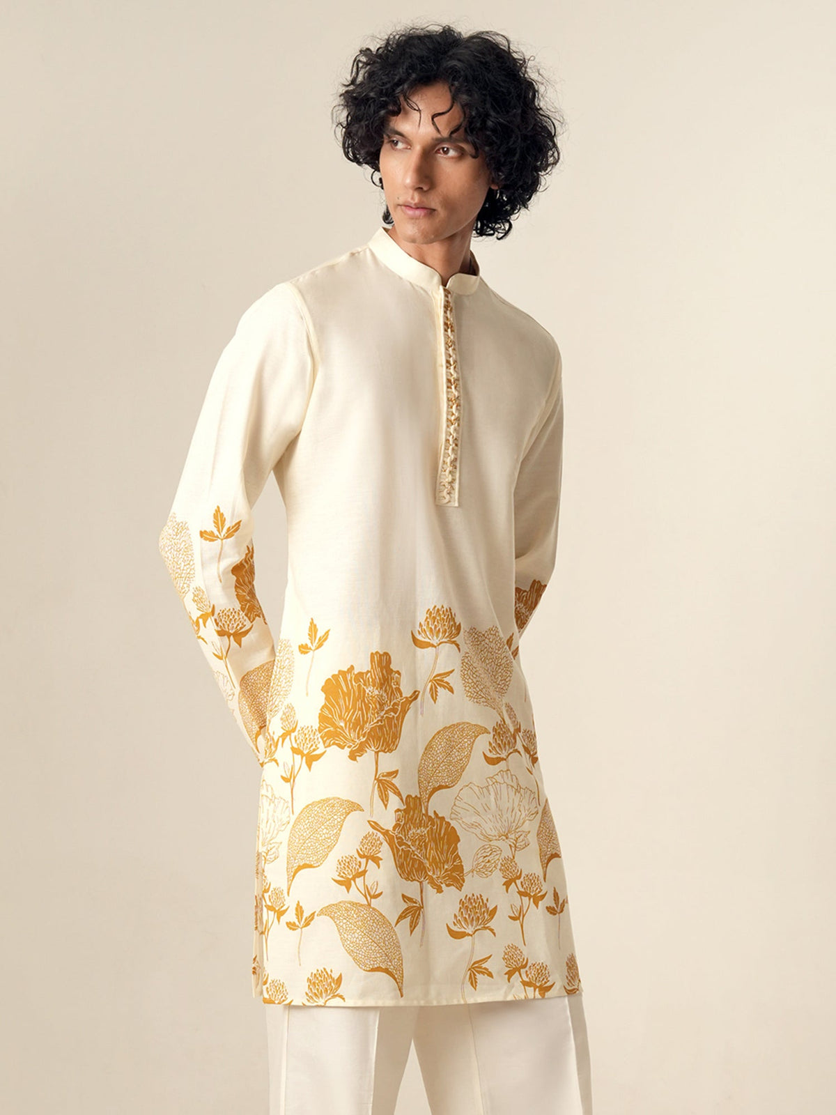 Mens Off White Cotton Print Kurta