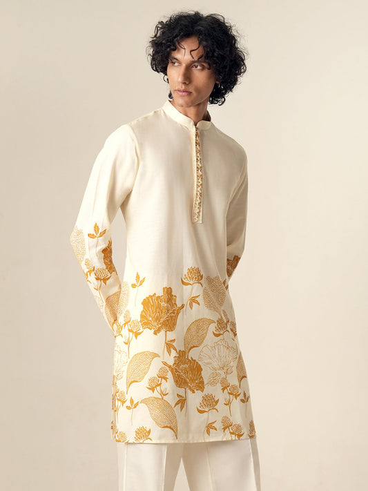 Mens Off White Cotton Print Kurta