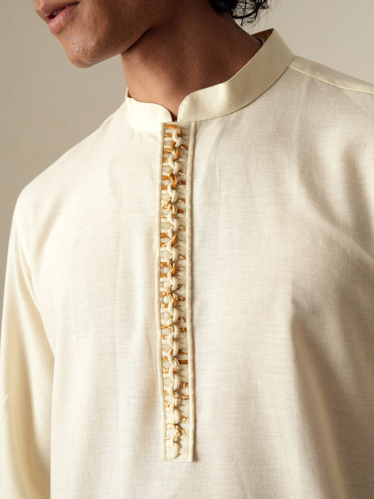 Mens Off White Cotton Print Kurta