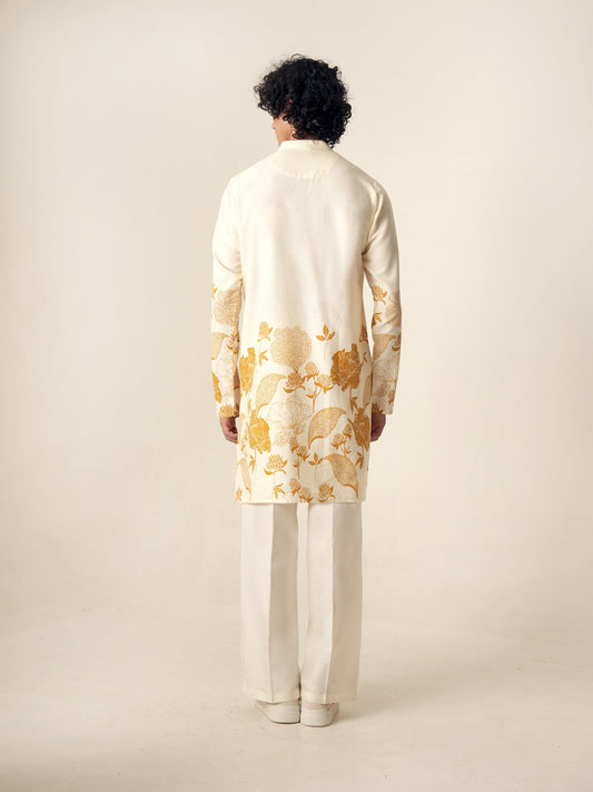 Mens Off White Cotton Print Kurta