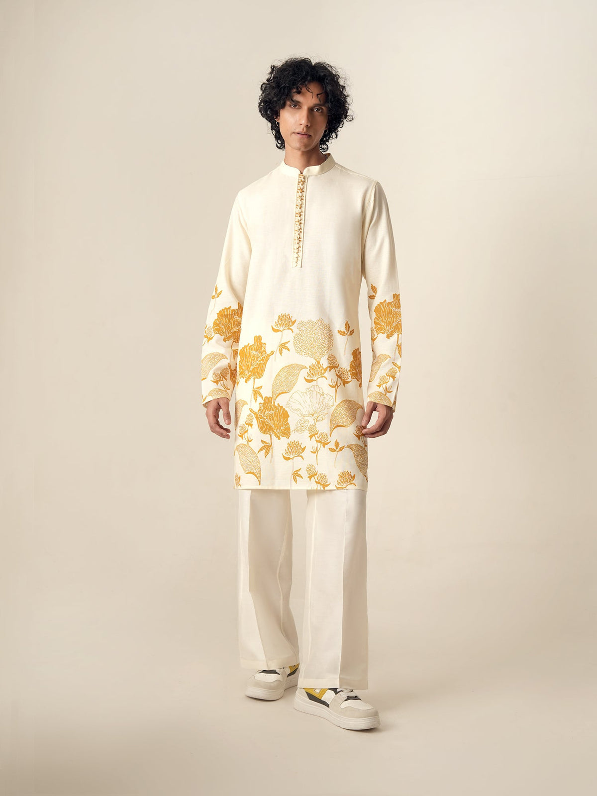 Mens Off White Cotton Print Kurta