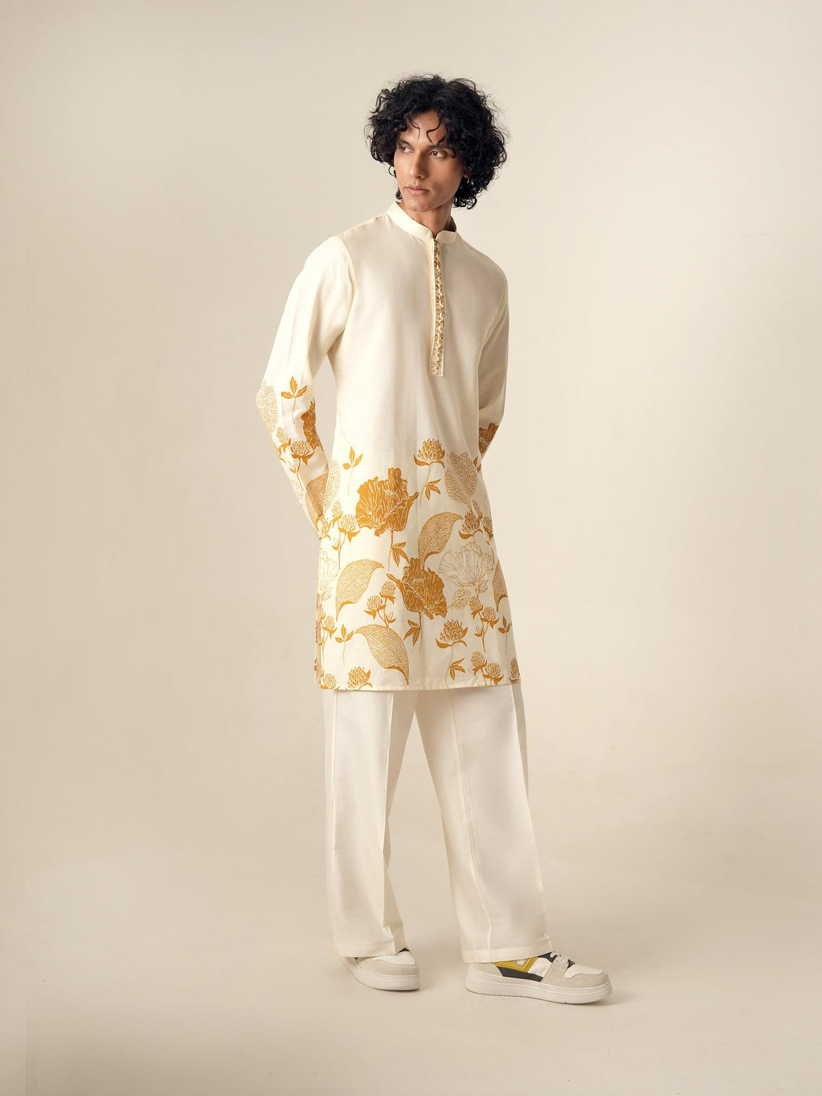 Mens Off White Cotton Print Kurta