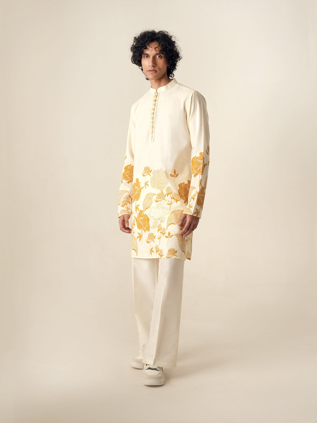 Mens Off White Cotton Print Kurta