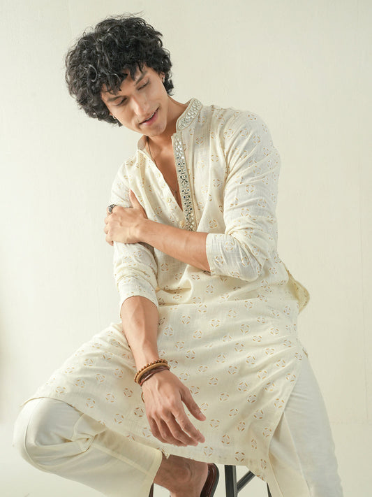 Mens Off White Cotton Print Kurta
