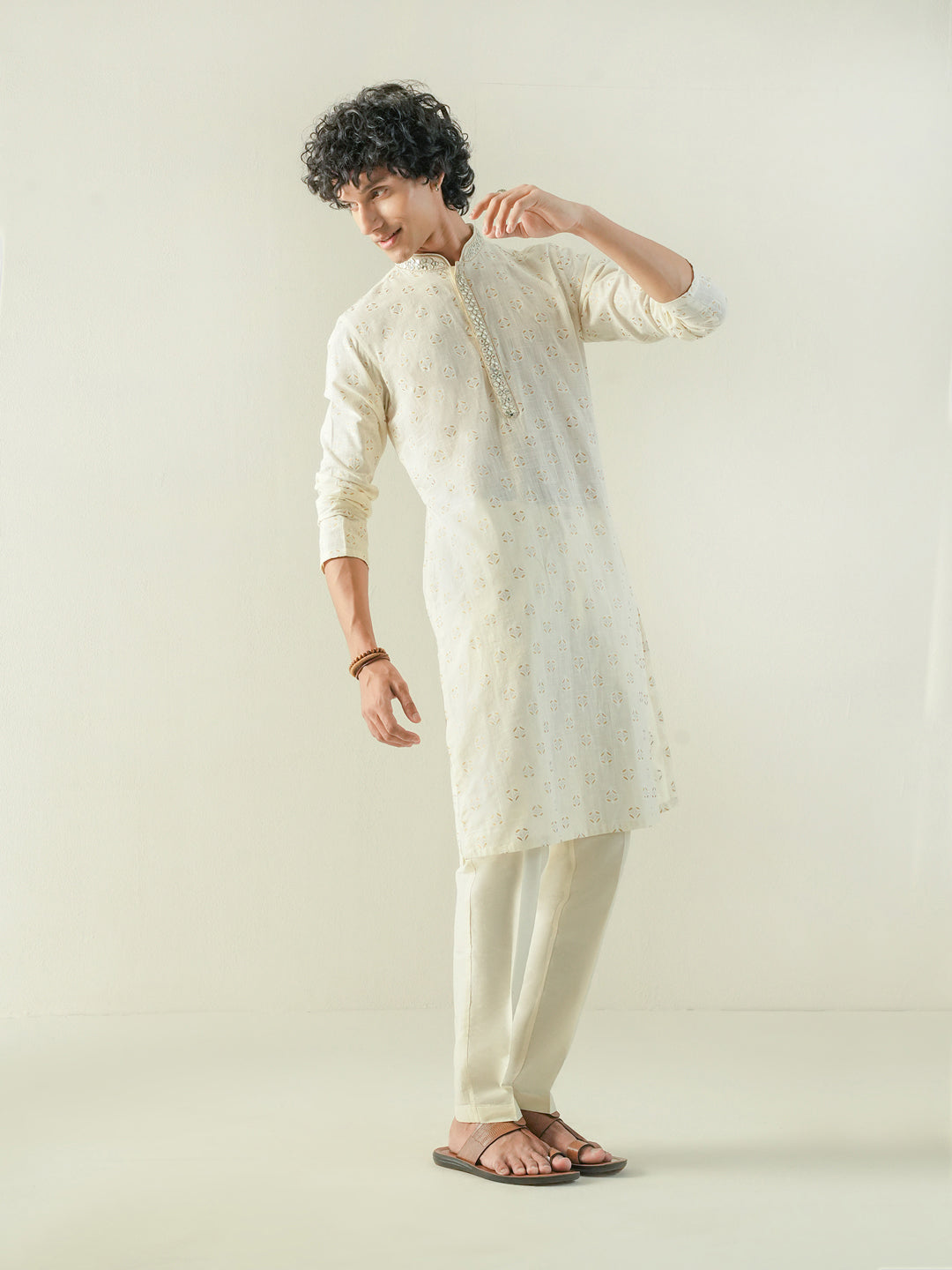Mens Off White Cotton Print Kurta
