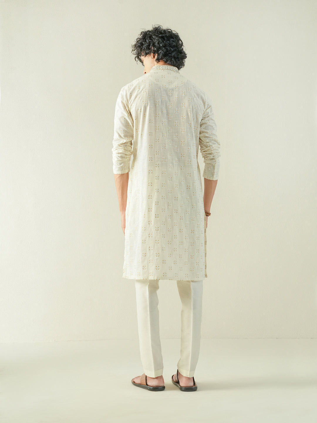 Mens Off White Cotton Print Kurta