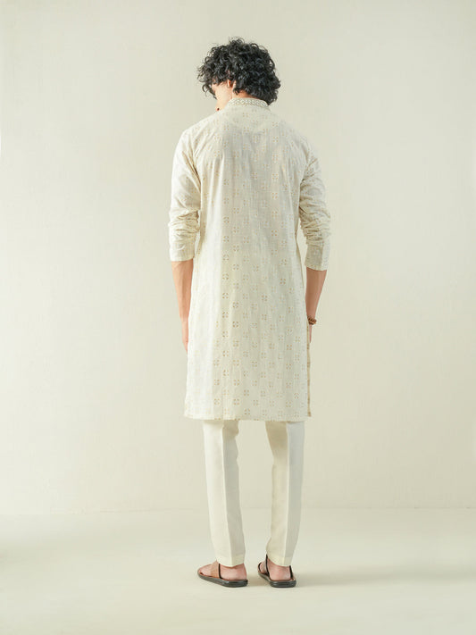 Mens Off White Cotton Print Kurta