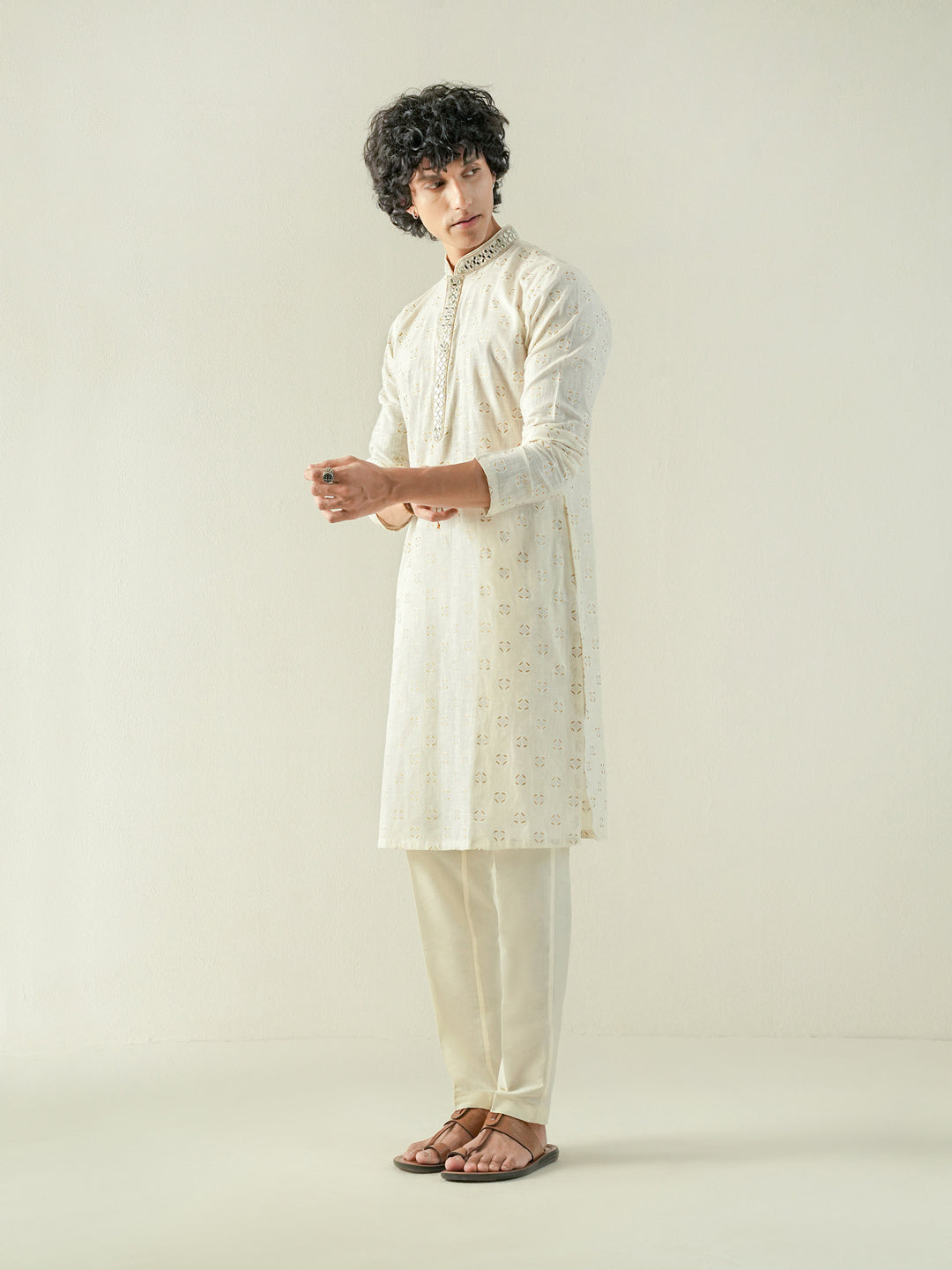 Mens Off White Cotton Print Kurta
