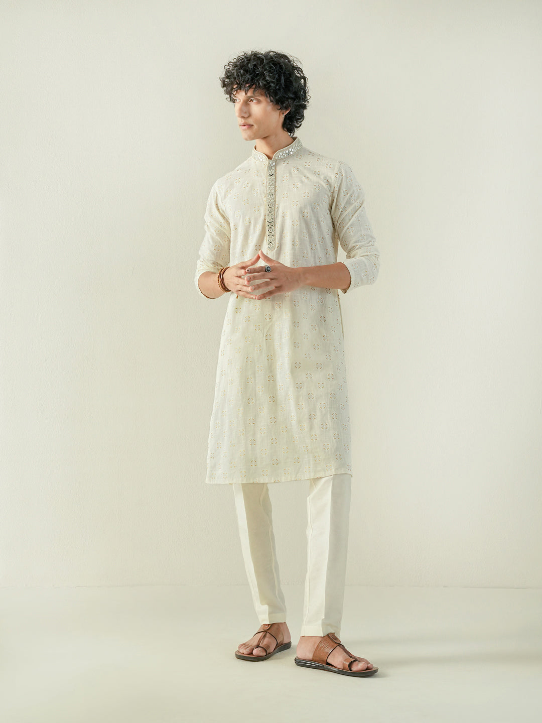Mens Off White Cotton Print Kurta